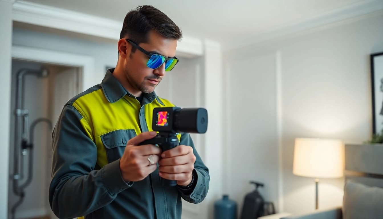 Expert conducting underground leak detection with thermal imaging technology in a residential property.