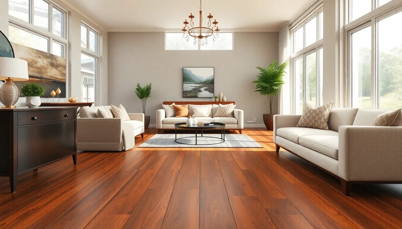 Explore stylish LVP flooring near me in an elegant modern living room setting.