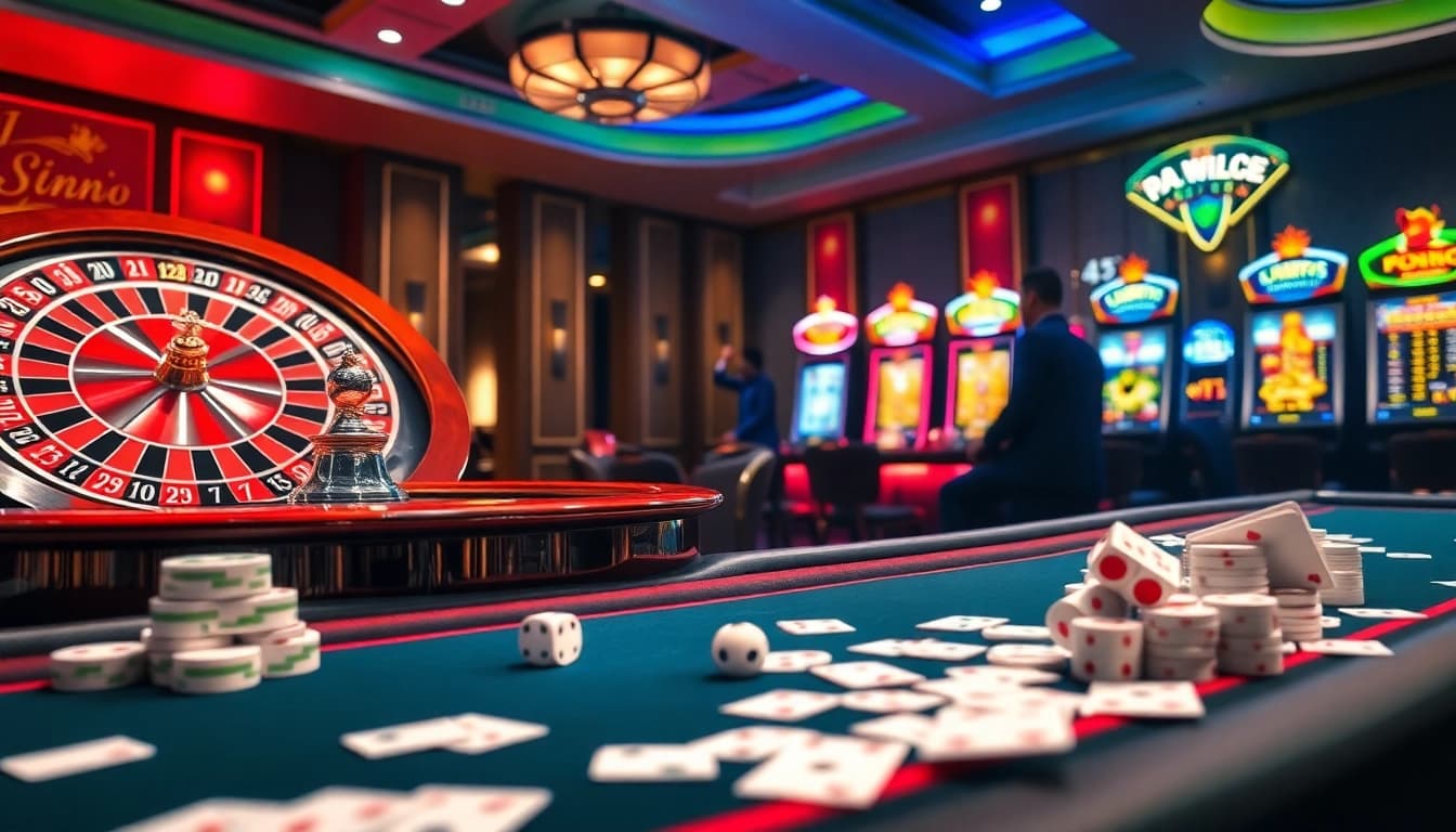 Dynamic casino scene with poker tables and slot machines showcasing KJC AC 2 gaming excitement.