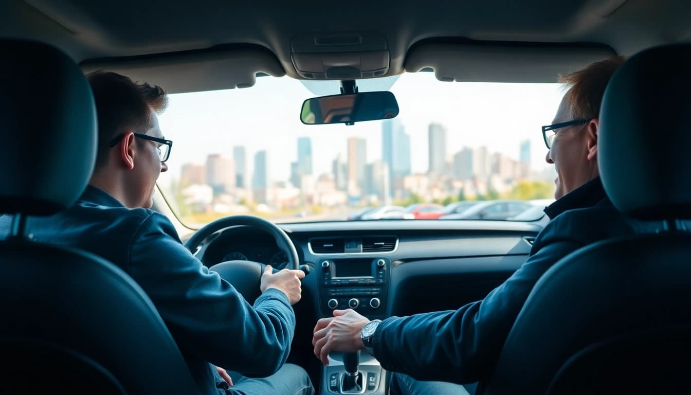 Engaging automatic driving lessons Manchester with instructor and student in a modern car.