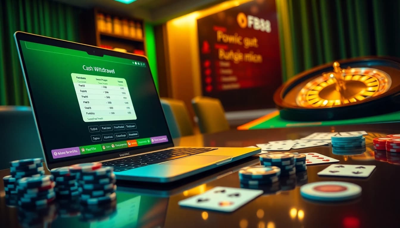 Rút Tiền FB88 process illustrated with poker chips and a laptop displaying funds withdrawal.