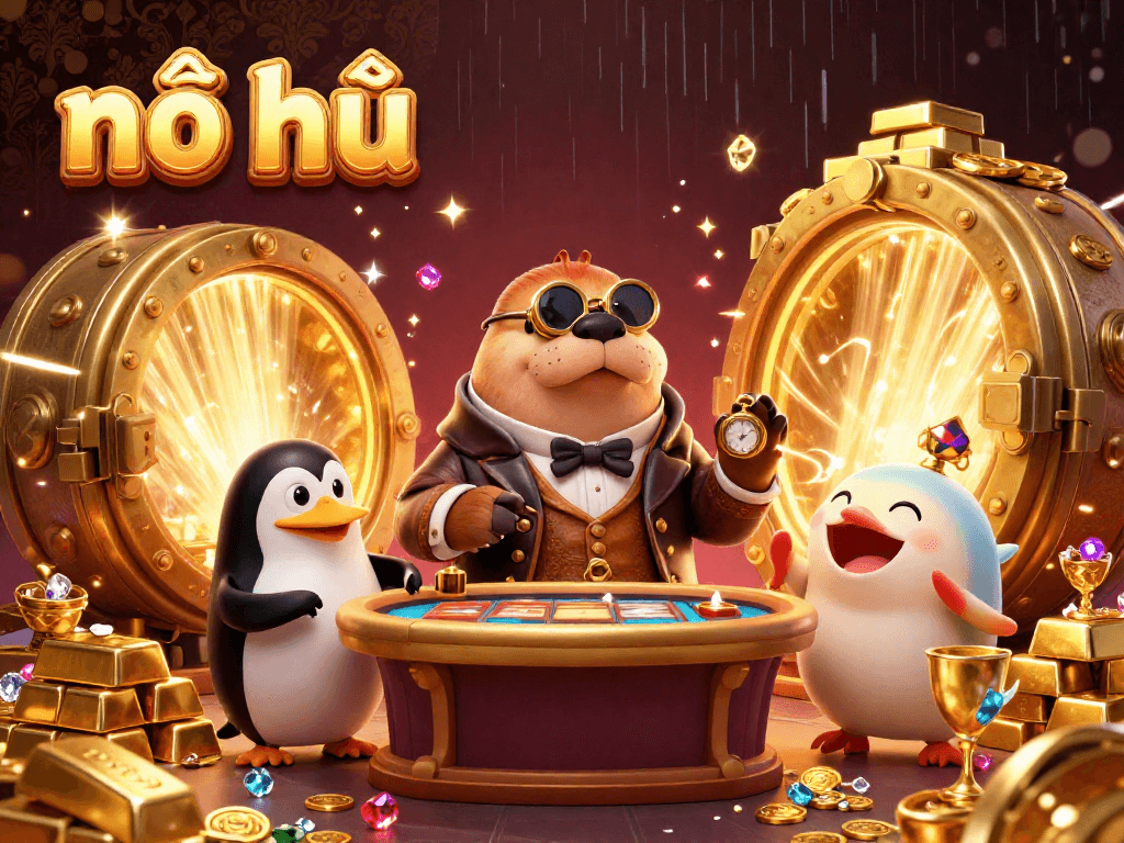 Nổ hũ slots come alive with vibrant characters, showcasing a jolly walrus and sophisticated dealer in a casino-themed underwater scene.