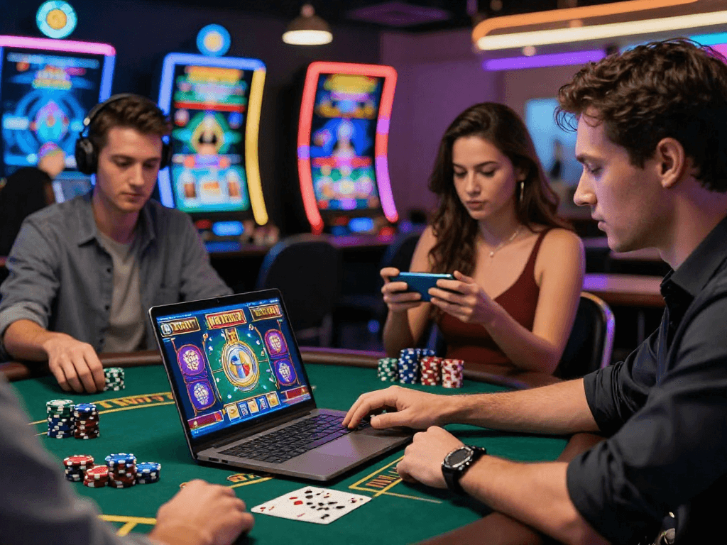 Engaged players exploring US online casinos on laptops and smartphones in a vibrant casino atmosphere.