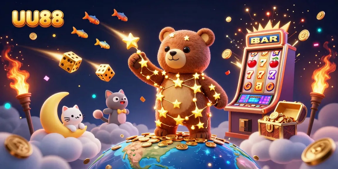 Experience thrilling wins with UU88 as the constellation bear and friends celebrate in a vibrant casino scene.