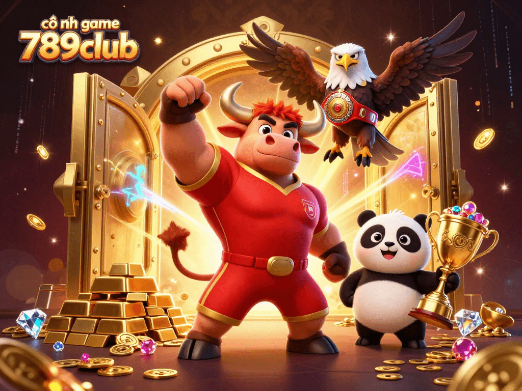 Experience the excitement of cổng game 789club featuring a dynamic bull mascot and rich treasure elements.