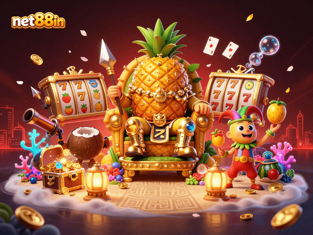 Experience thrilling gameplay with net88in as the golden pineapple king and friends entertain in a vibrant casino.