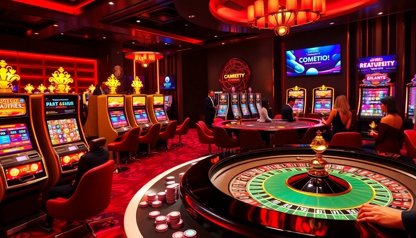 TG88 players enjoy an exciting atmosphere at the casino, featuring slot machines and a roulette table.