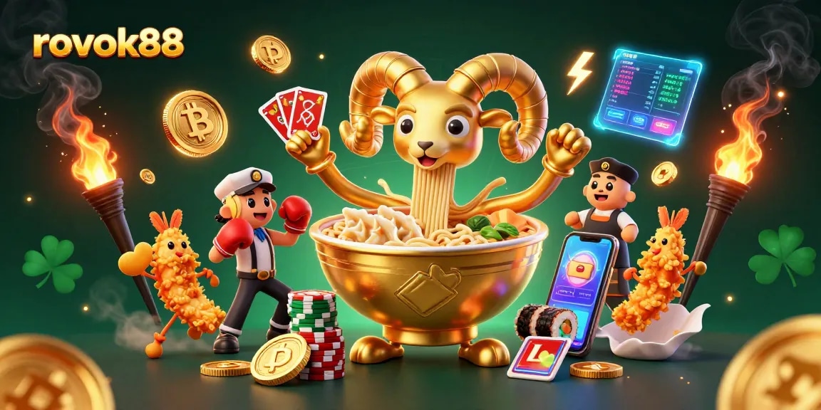 Engage with rokok88 as the golden ramen bowl character deals cards and stacks chips in a vibrant casino.