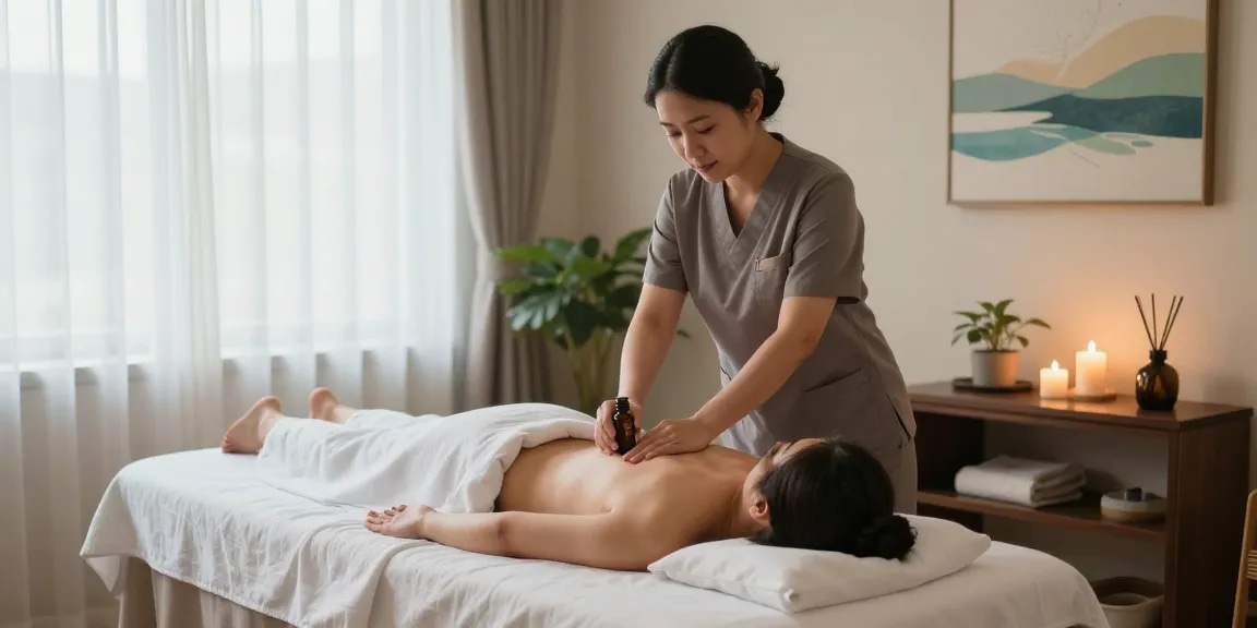 Relaxing 화정출장마사지 in a tranquil spa with soothing ambiance and essential oils.