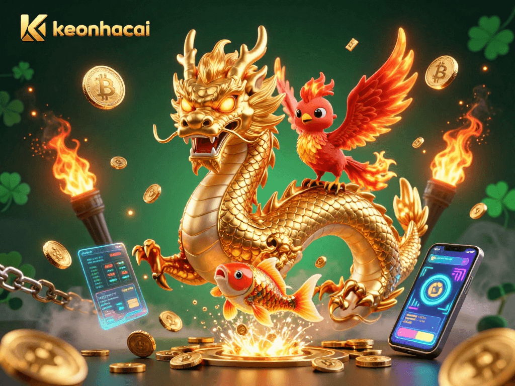 Experience keonhacai's thrilling action with a golden dragon and phoenix igniting fortune in a vibrant gaming scene.