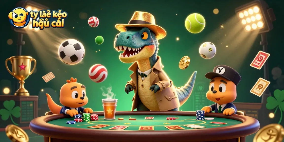 Engaging 3D illustration showcasing a card counter velociraptor at a blackjack table with enriching elements representing tỷ lệ kèo nhà cái.
