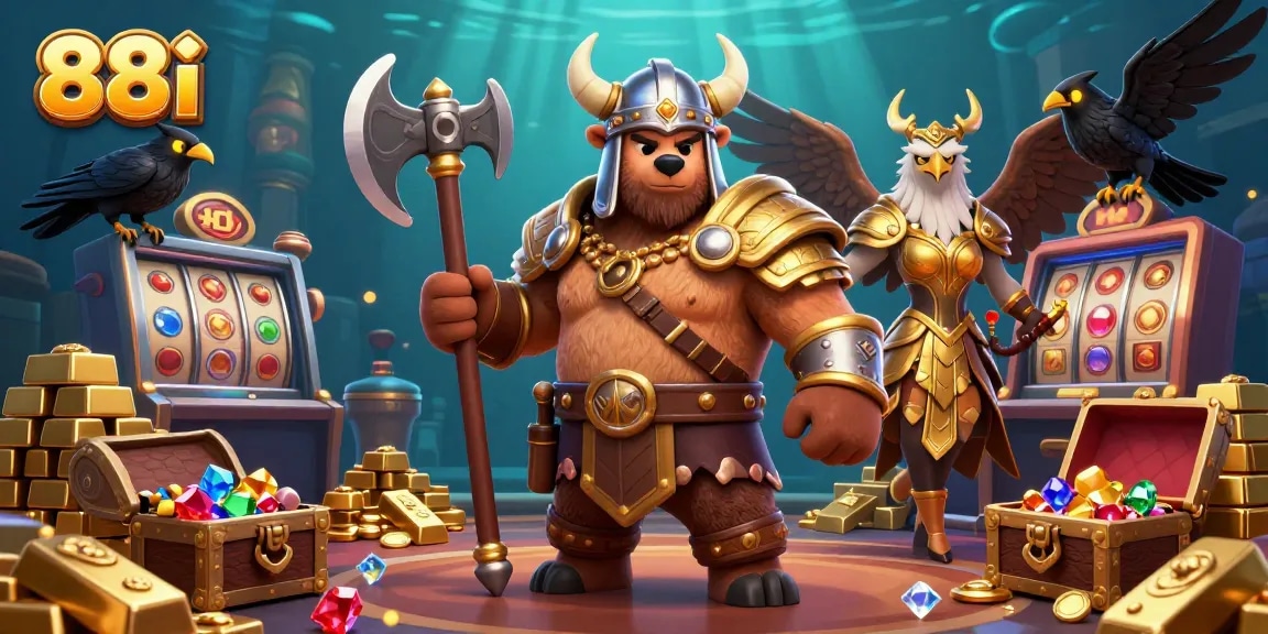 Engage with 88i in an exhilarating casino scene featuring a Viking bear, Valkyrie eagle, and slot reels.
