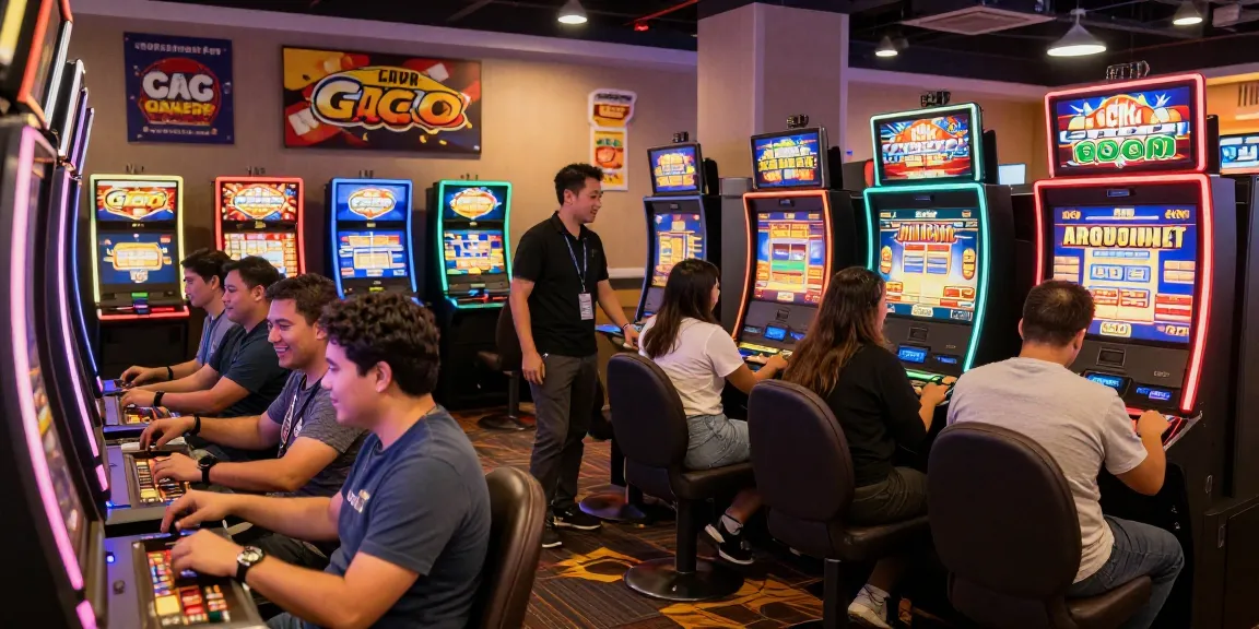 Local gambling venue with diverse players enjoying slot gacor games at modern machines.