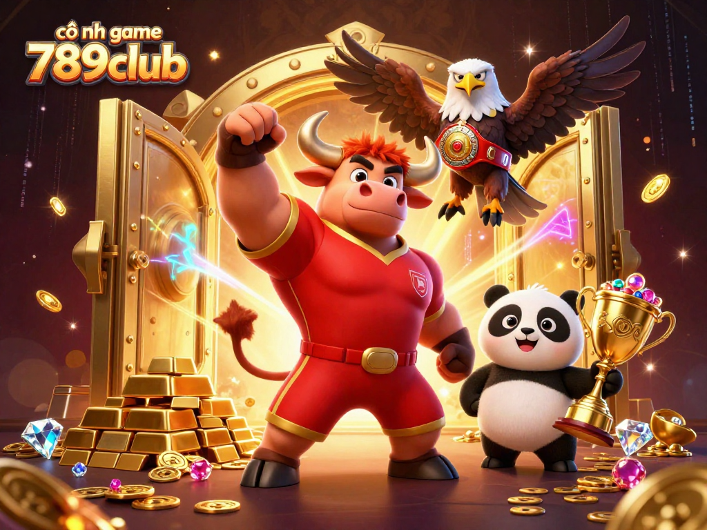 Experience the excitement of cổng game 789club featuring a dynamic bull mascot and rich treasure elements.