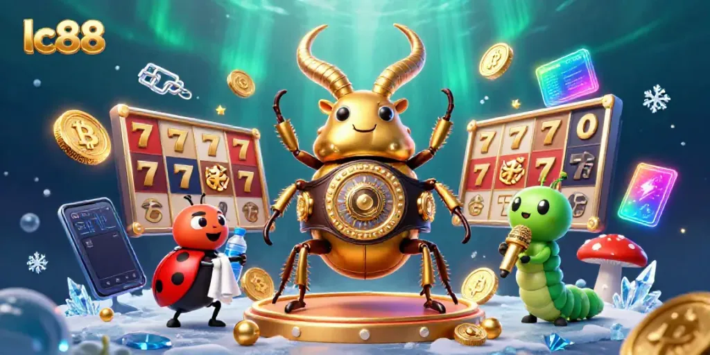 Spin to win with lc88 as a golden stag beetle champions a vibrant slot casino scene.