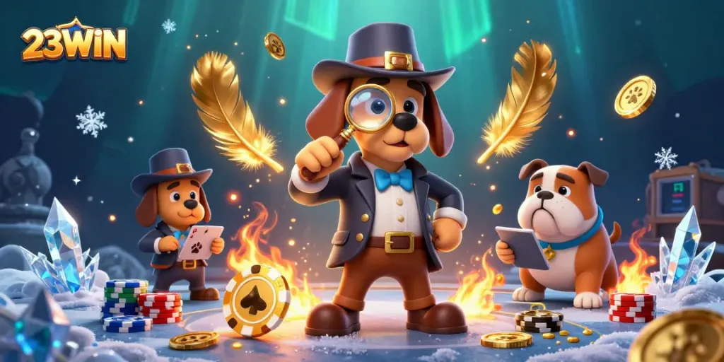Play poker and win big with 23WIN in this dynamic 3D casino scene featuring fun characters.
