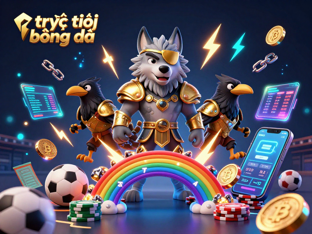 Watch trực tiếp bóng đá with Odin and his ravens in a dynamic 3D casino scene featuring sports bets and crypto coins.