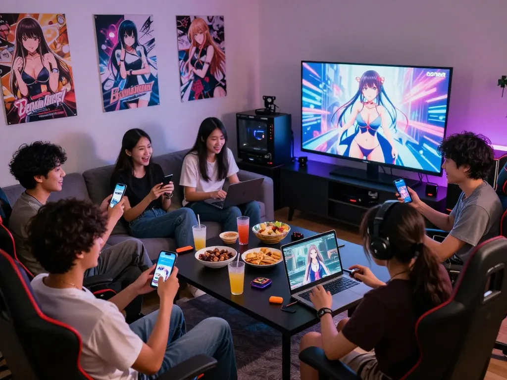 Group enjoying a variety of porngame experiences in a stylish gaming room with vibrant atmosphere.