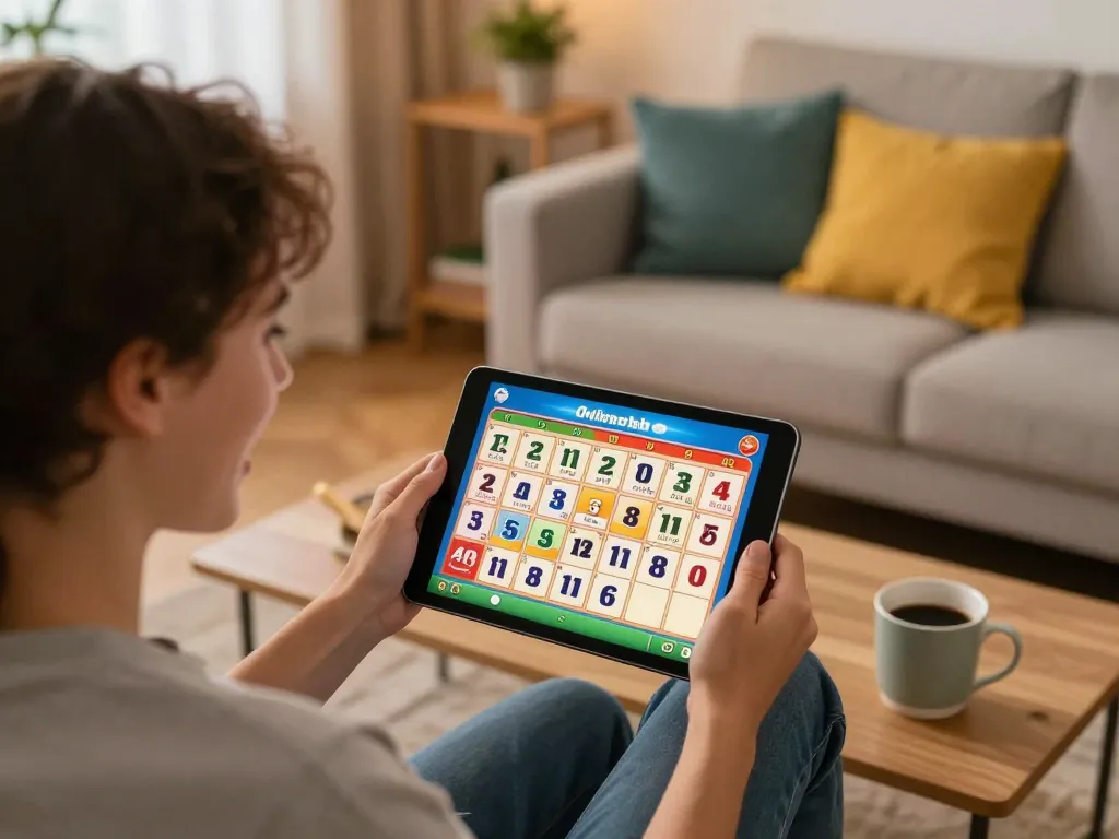 Player enjoying an exciting sc88 bingo game on a tablet in a cozy home setting.