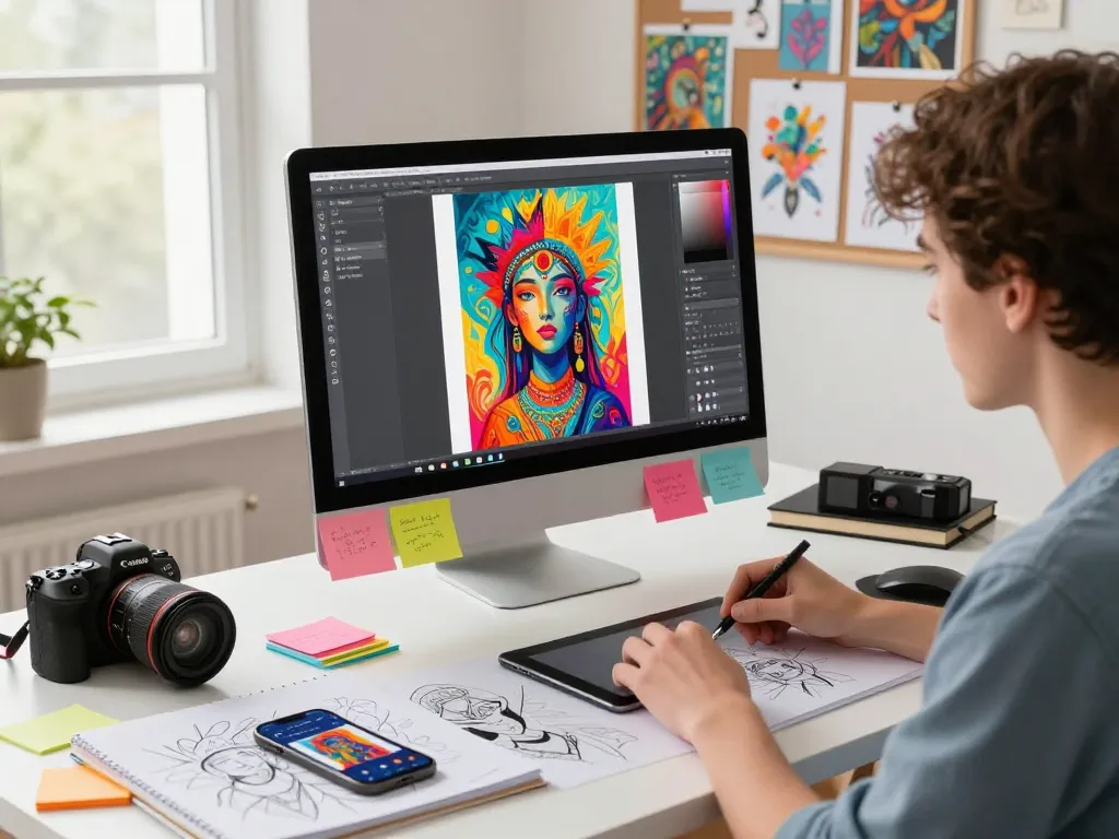 Artist using Nano Banana flash AI editor in a creative workspace with vibrant digital artwork.