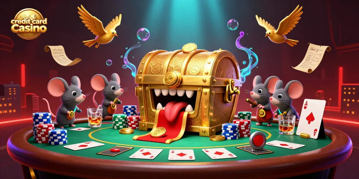 Engage in the vibrant world of a credit card casino, featuring adventurer mice drawn to treasure and a poker showdown.