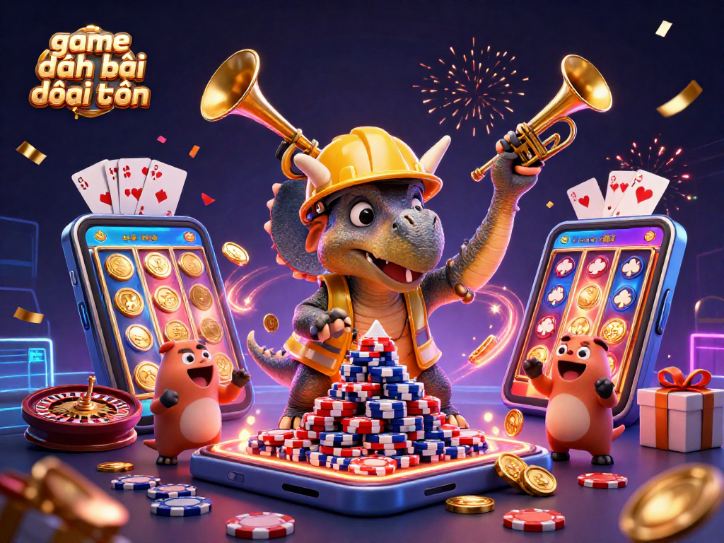 Experience the excitement of game đánh bài đổi thưởng with animated dinosaurs celebrating wins!