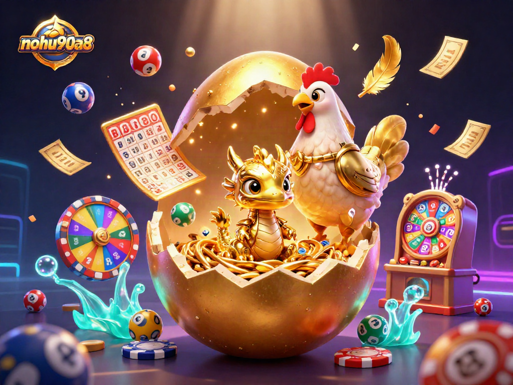 Nohu90a8 showcases a golden egg and dragon amidst vibrant casino elements.