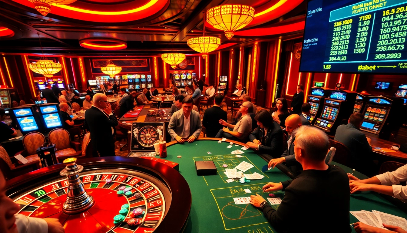 Experience the thrilling environment of nhà cái dabet with players at poker and roulette tables.
