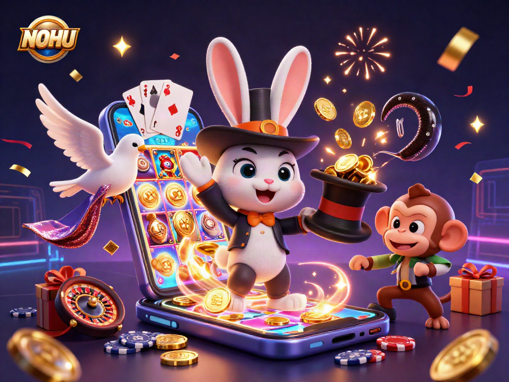 Experience the excitement of NOHU with a dazzling 3D illustration of a magician rabbit and poker chips!