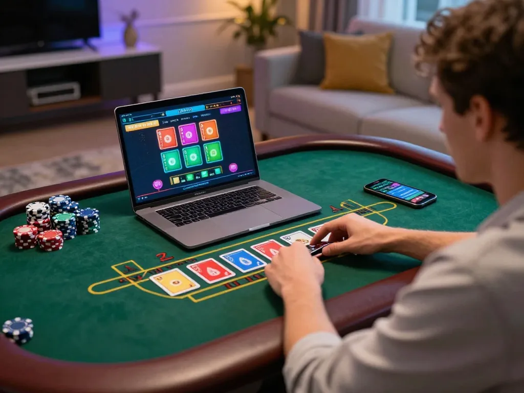 Playing baccarat online on a laptop, engaging in high-stakes strategy at home with 99 ok.