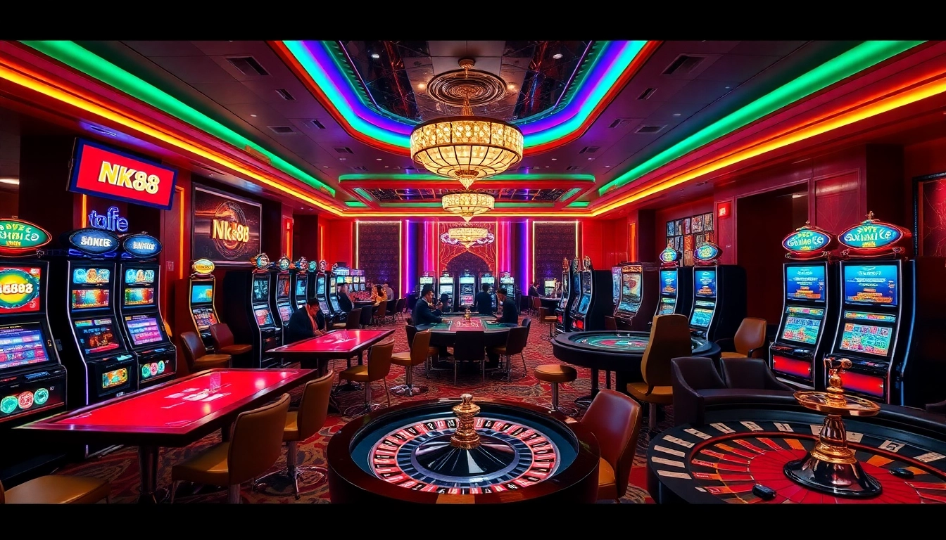 NK88 players enjoying a thrilling moment at a luxurious casino table with chips and cards.