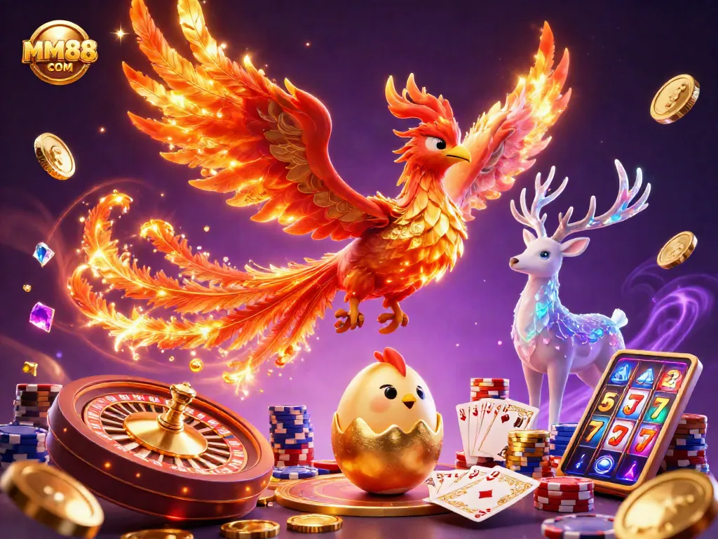 Experience thrilling moments at MM88 COM with a vibrant phoenix and casino elements in a magical setting.