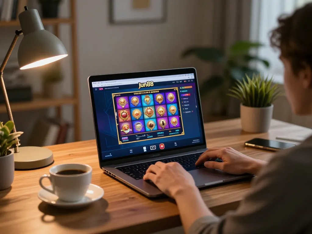 Player engaging with jun88 online casino on laptop in a cozy home office