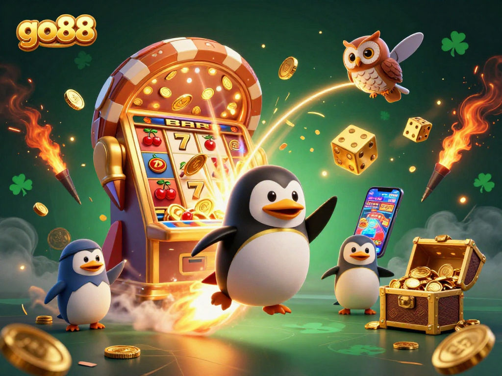 Experience the excitement of go88 with a golden penguin soaring towards a jackpot at a casino