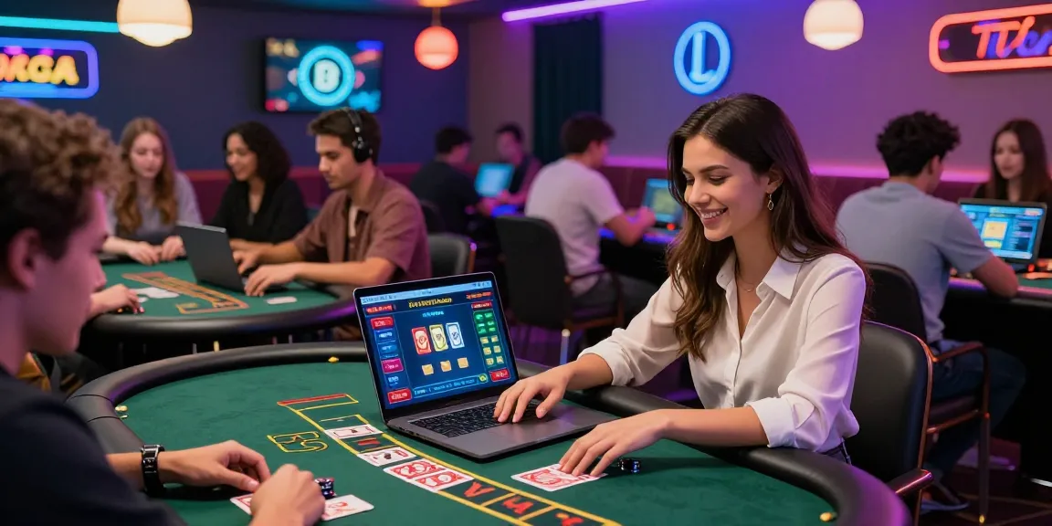 Engaged players at online credit card casinos with vibrant neon lights and digital gaming interfaces at https://brcs.co.uk.