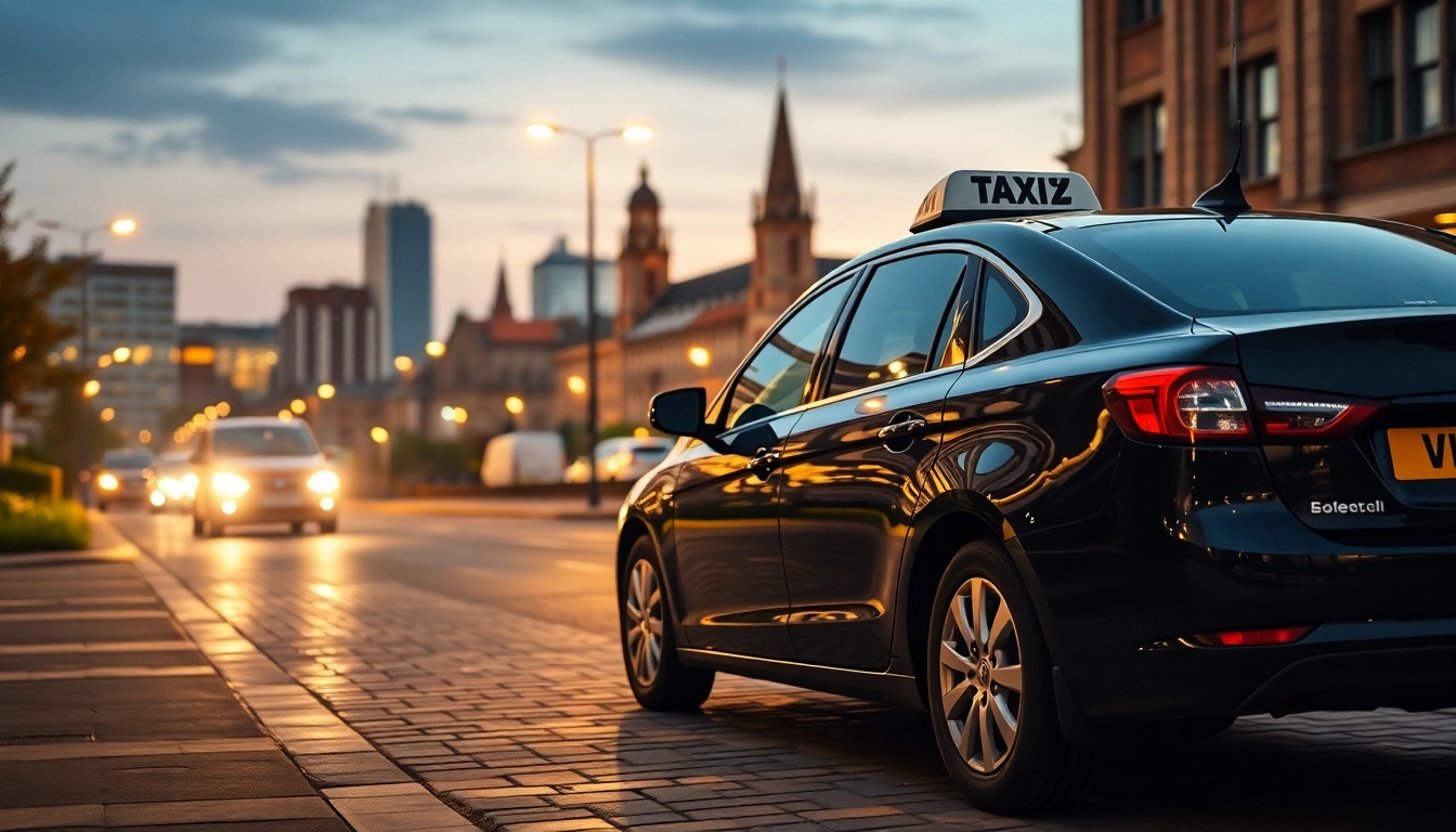 Woking taxi driving through the vibrant city streets with iconic landmarks.