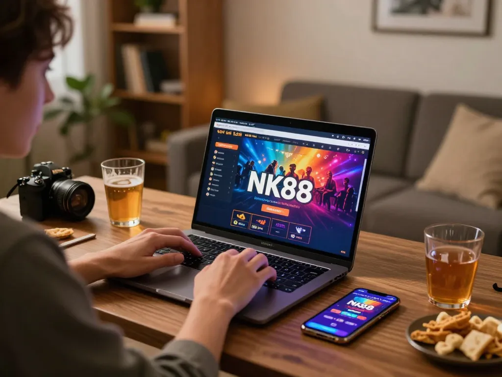 Engaging in online gaming at NK88 with a laptop and casino app in a cozy home setting.