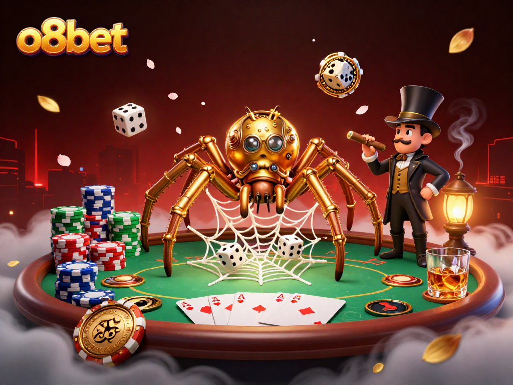 Spin the reels of fortune at o8bet, where a whimsical steampunk spider captures luck with gold-themed casino elements.