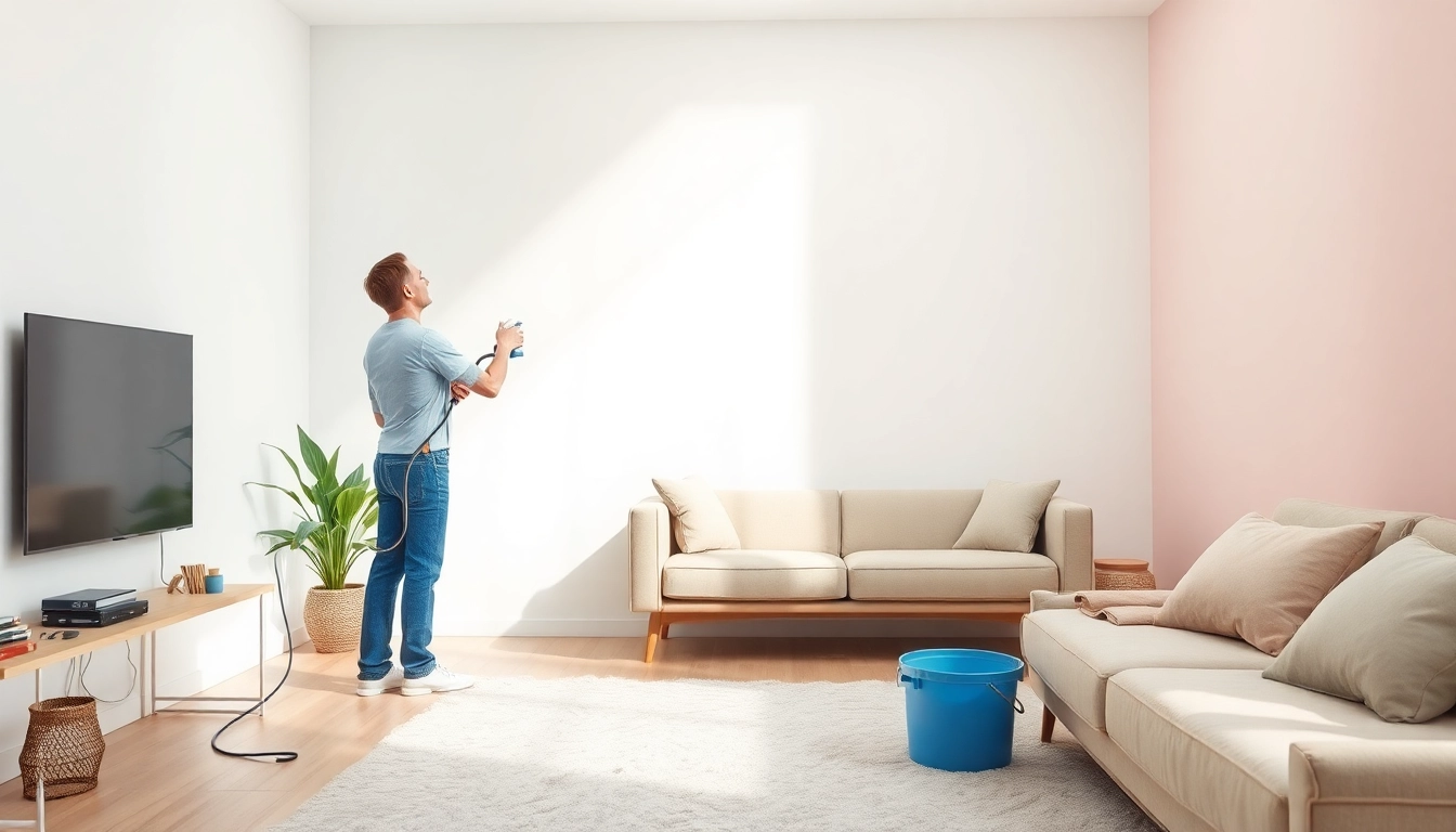 Cleaner demonstrating effective wall cleaning techniques with fresh spray on a bright wall.