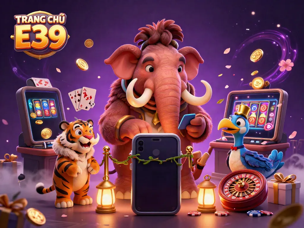 Engage with dynamic casino atmosphere at TRANG CHỦ E39 featuring cartoon characters and vibrant slot games.