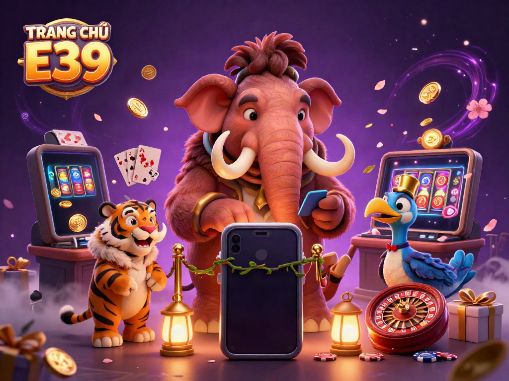Engage with dynamic casino atmosphere at TRANG CHỦ E39 featuring cartoon characters and vibrant slot games.