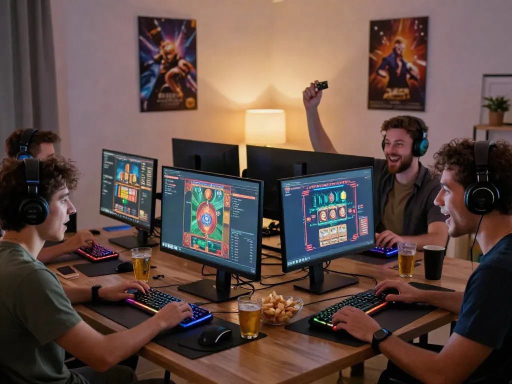 Gamers enjoying exciting casino games at home with credit cards, showcasing dynamic interactions and gaming gear.
