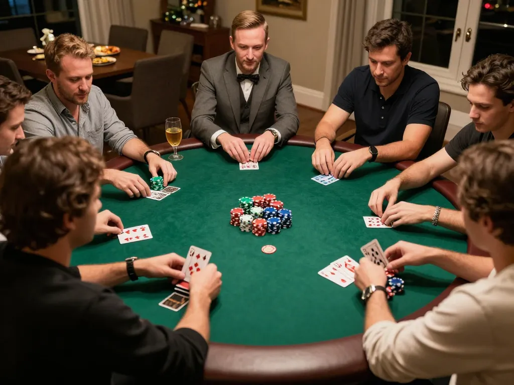 Players enjoying poker at home during a fun game night with iwin club atmosphere