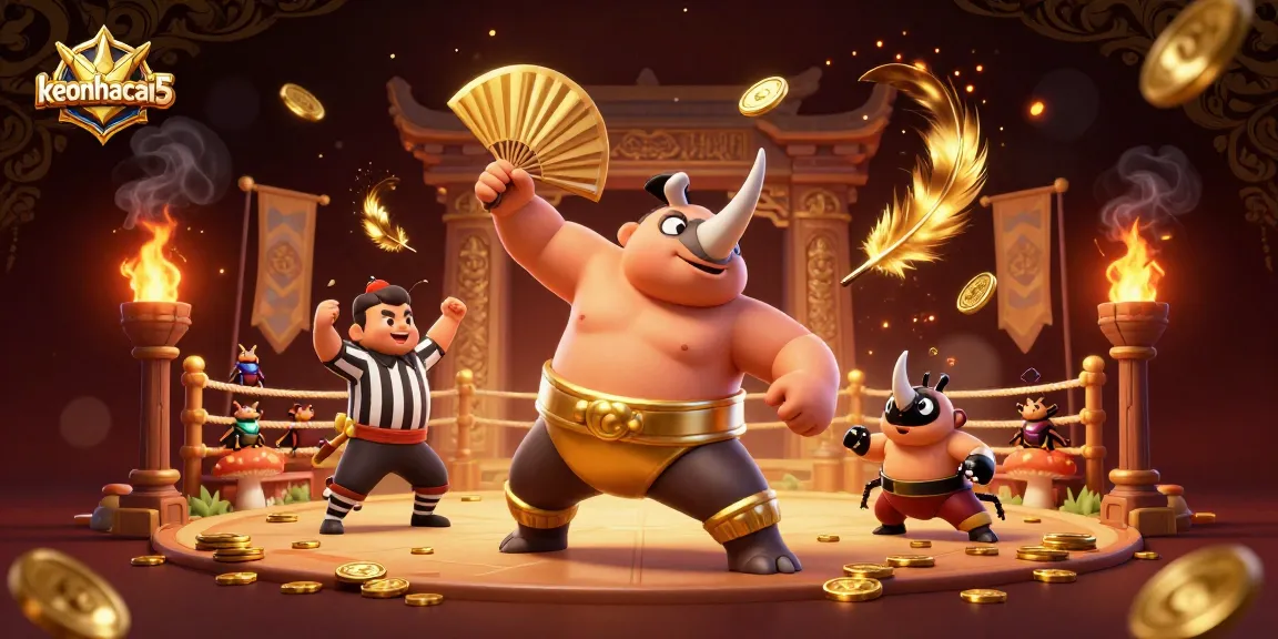 Keonhacai5 showcases a sumo beetle champion in a vibrant 3D illustration at a lively betting arena.