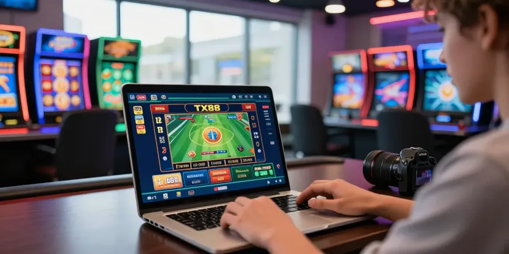 Engaging TX88 casino gaming scene with live sports betting on laptop.