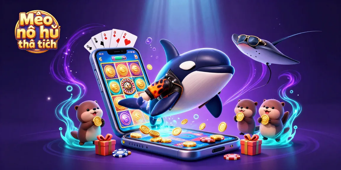 Mẹo chơi nổ hũ luôn thắng with vibrant cartoon characters celebrating big wins in a magical casino scene