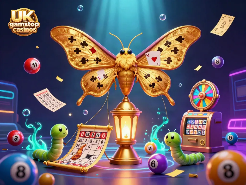 Explore vibrant scenes at UK non gamstop casinos with an enchanting moth and lottery elements.