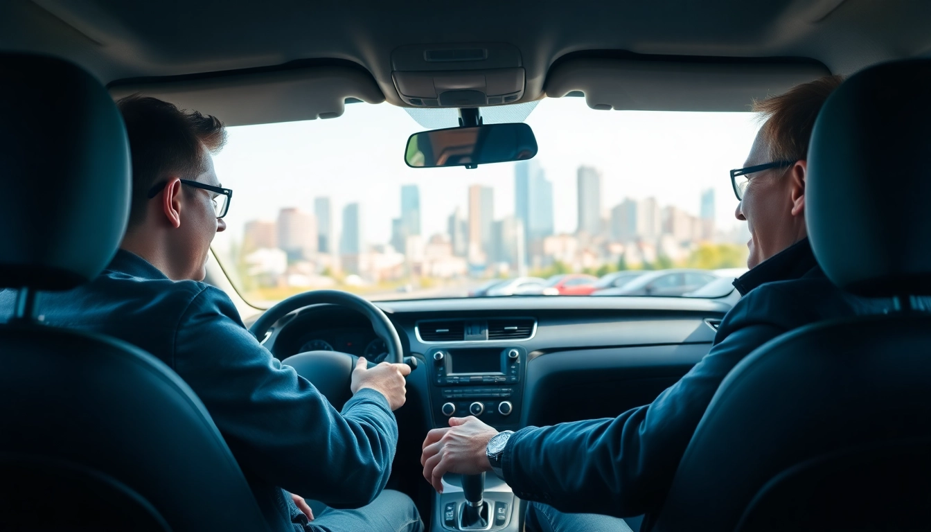 Engaging automatic driving lessons Manchester with instructor and student in a modern car.