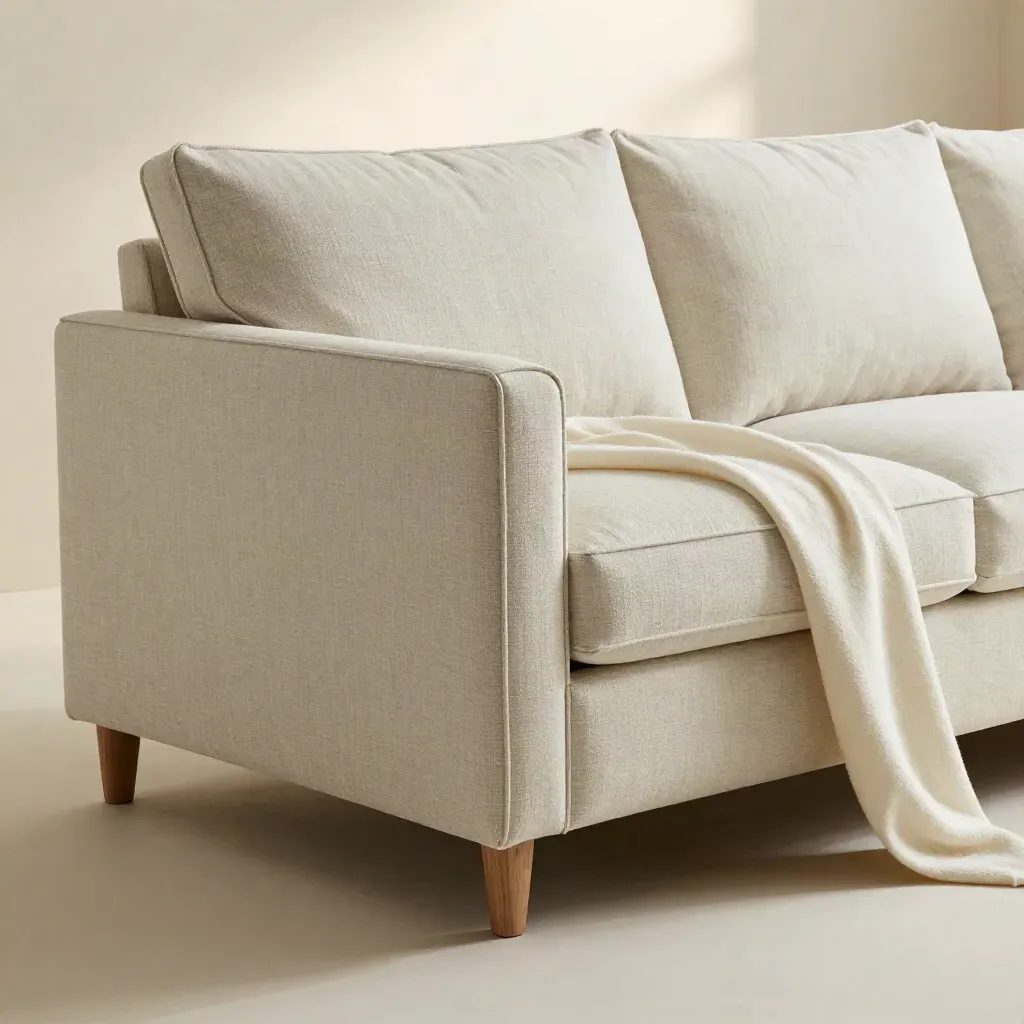 Pale linen corner sofa in a studio hero shot with wool drape and ivory backdrop.