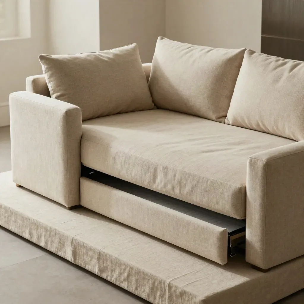 Oatmeal sofa bed half-unfolded on linen with cushions and mattress insert in a bright modern room.